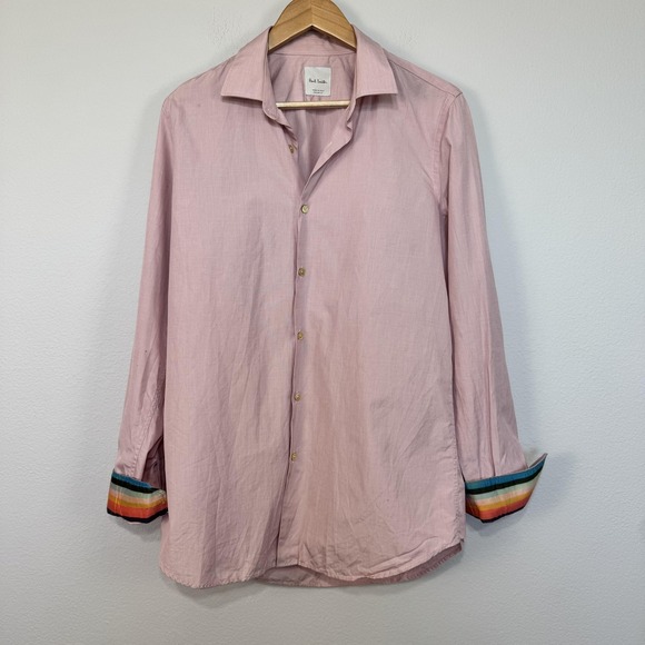 Paul Smith Shirt Mens 16 Pink Long‎ Sleeve Made in Italy Artist Stripe Cuffs